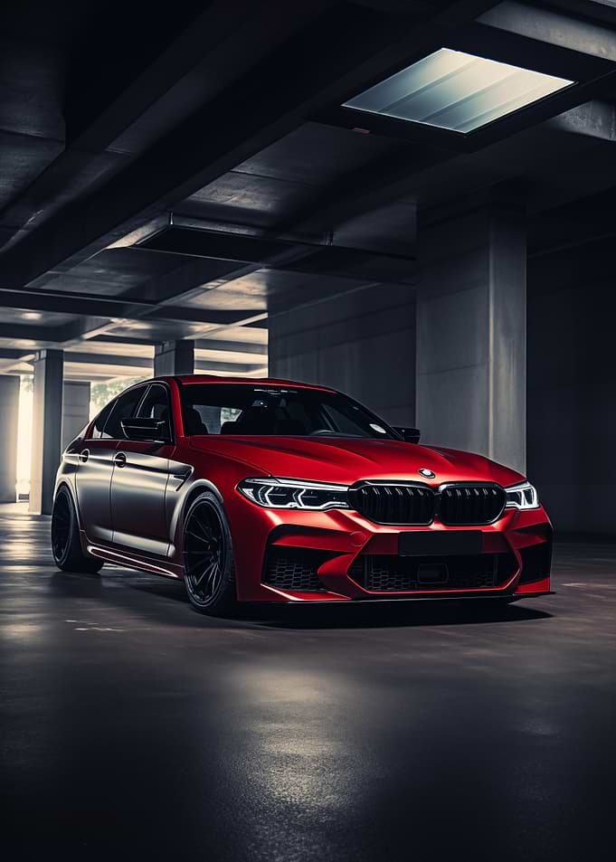 Red BMW M5 in Garage