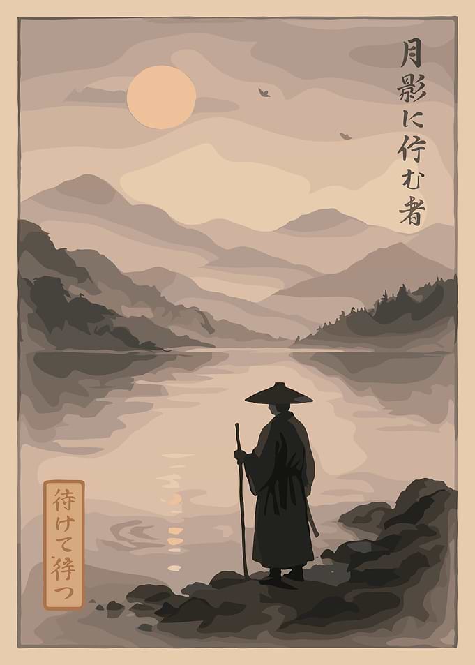 Japanese Samurai Landscape Poster, Zen Mountain Wall Art, Minimalist Japan Silhouette Print