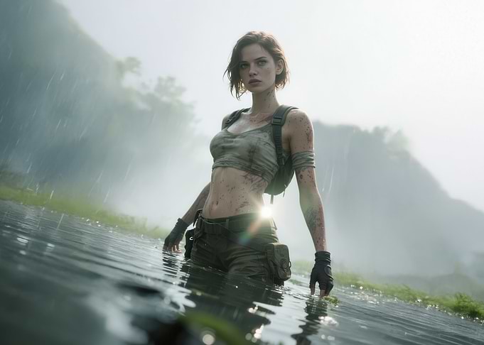 Fearless Girl in Jungle River, Adventure Outfit