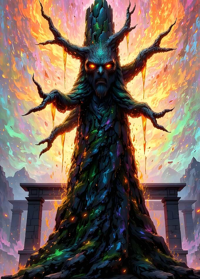 Mystical Tree Creature with Fiery Aura