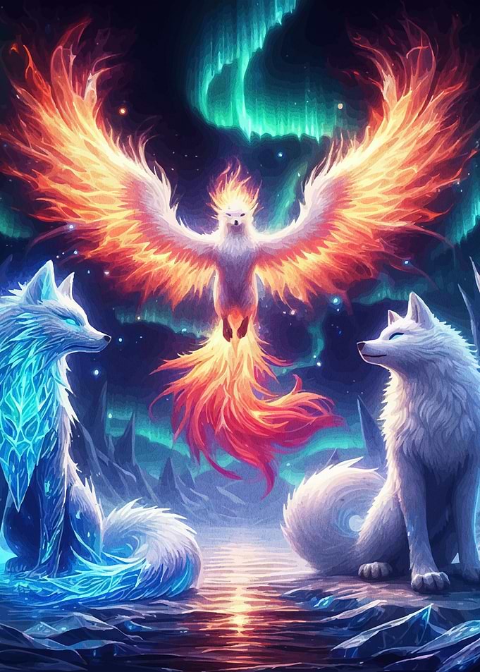 Phoenix and Wolves under Aurora Borealis