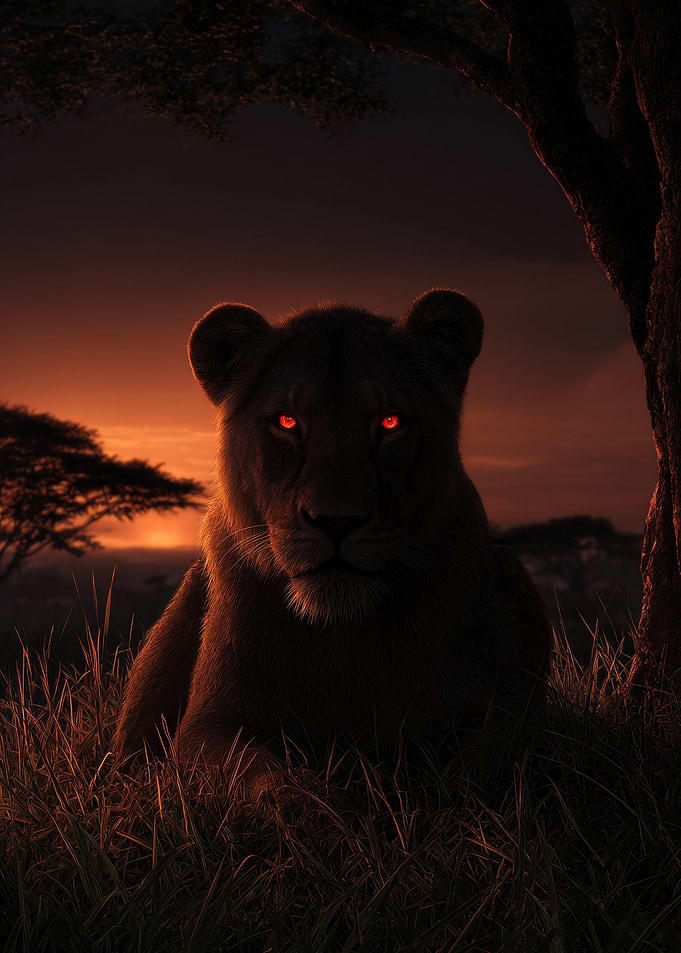 Lion with Glowing Eyes at Sunset