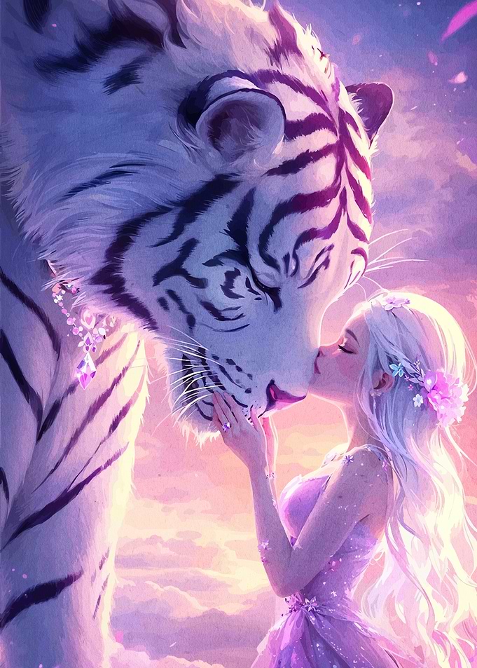 Girl kissing a white tiger