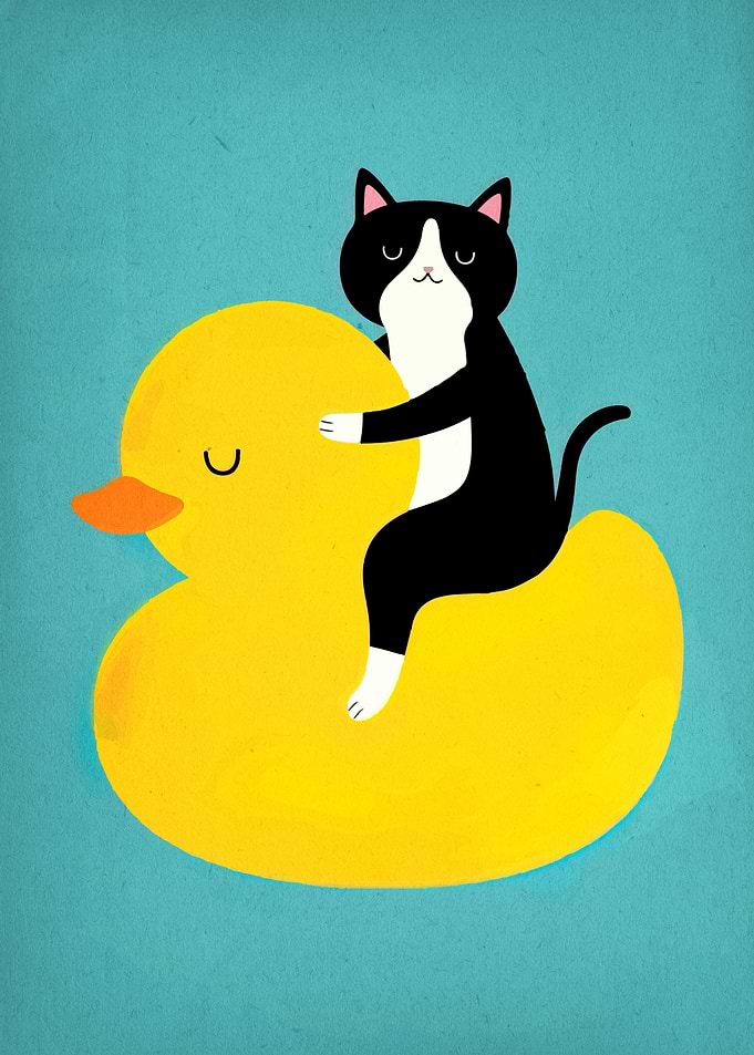 Cat riding a rubber duck