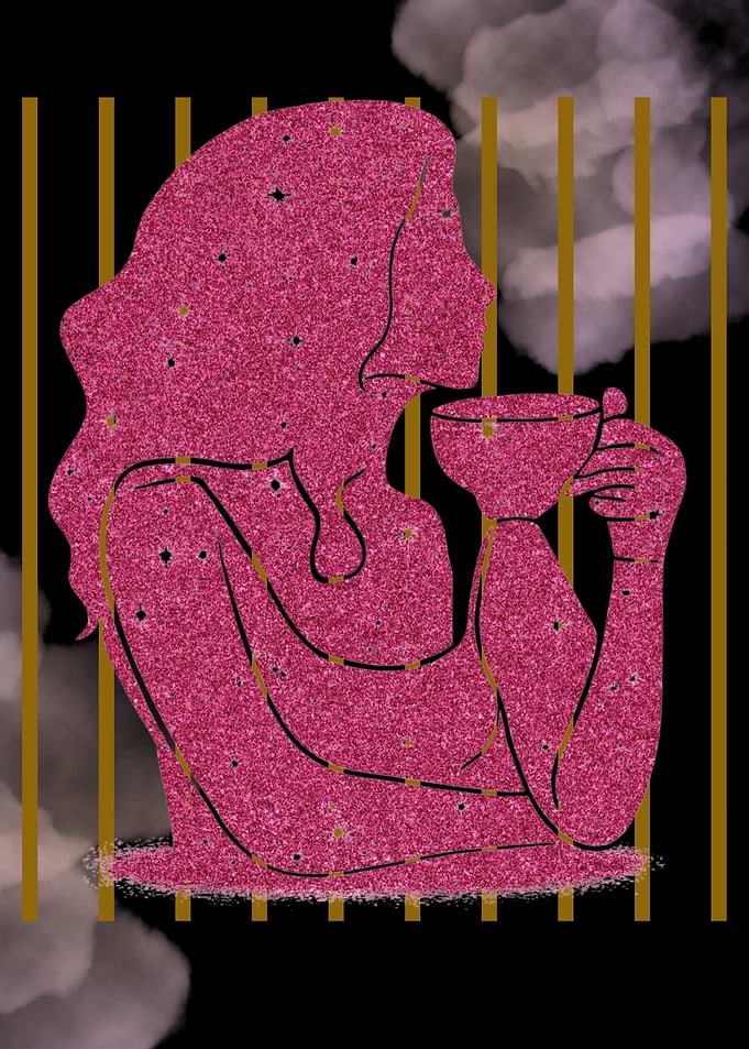 Pink Glitter Woman Drinking Tea