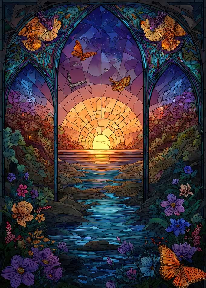 Stained Glass Sunset Landscape with Butterflies