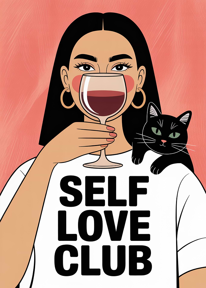 Self Love Club with Wine and Cat