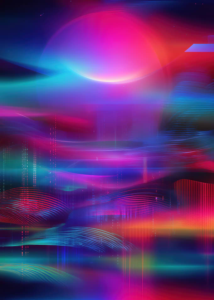 Abstract Neon Landscape with Pink Moon