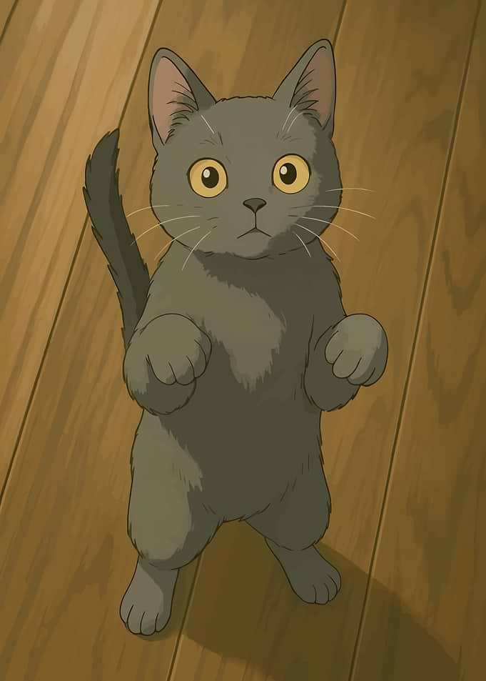 Gray Cat Standing on Wooden Floor