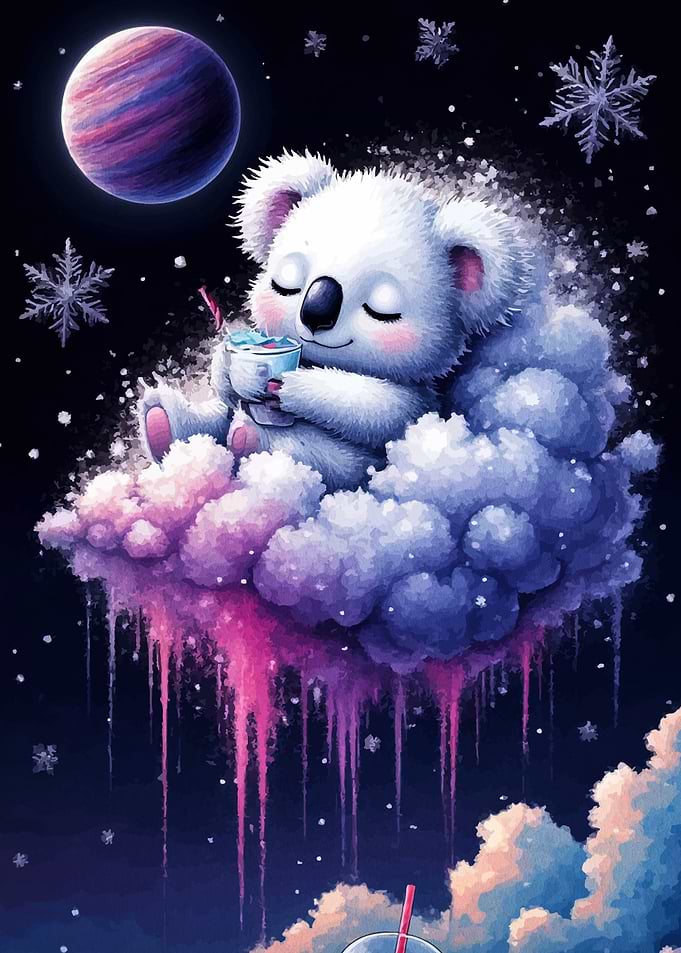 Dreamy Koala on Cloud with Drink