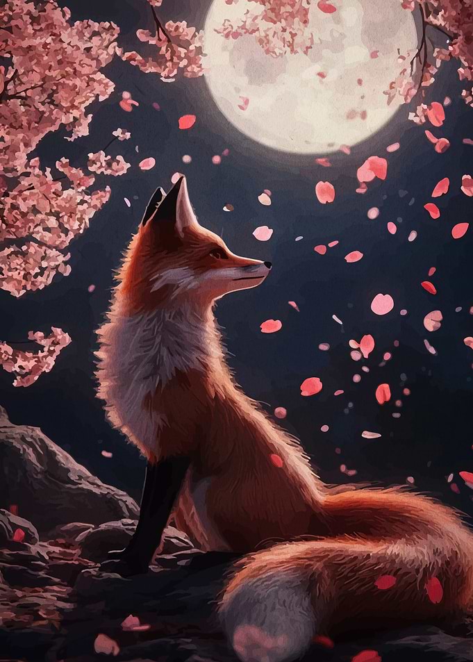 Fox under the moonlight with cherryblossoms