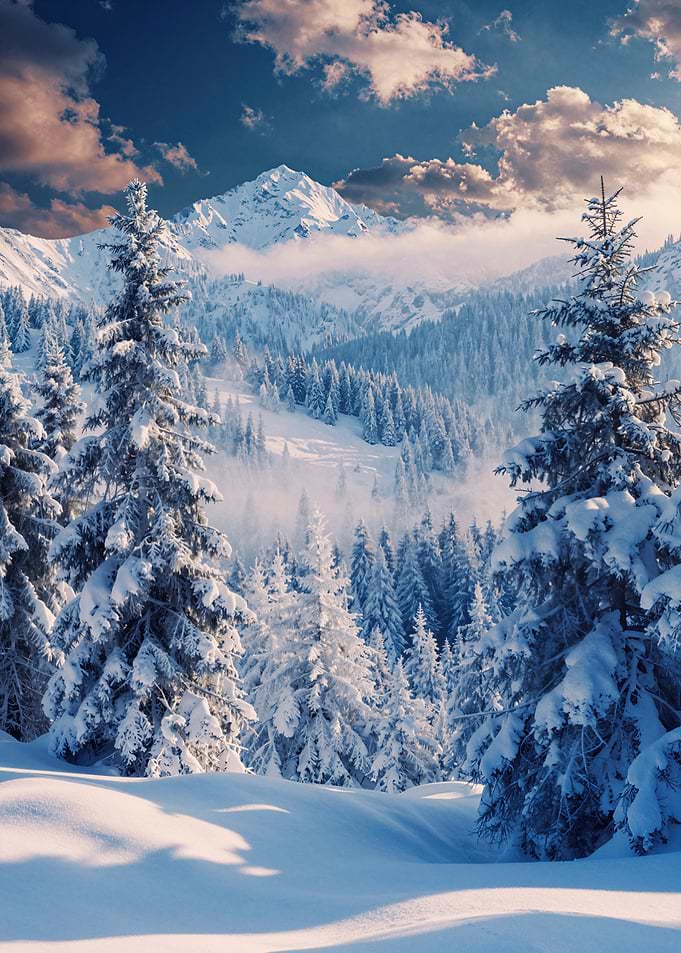 Snowy Mountain with Pine Trees