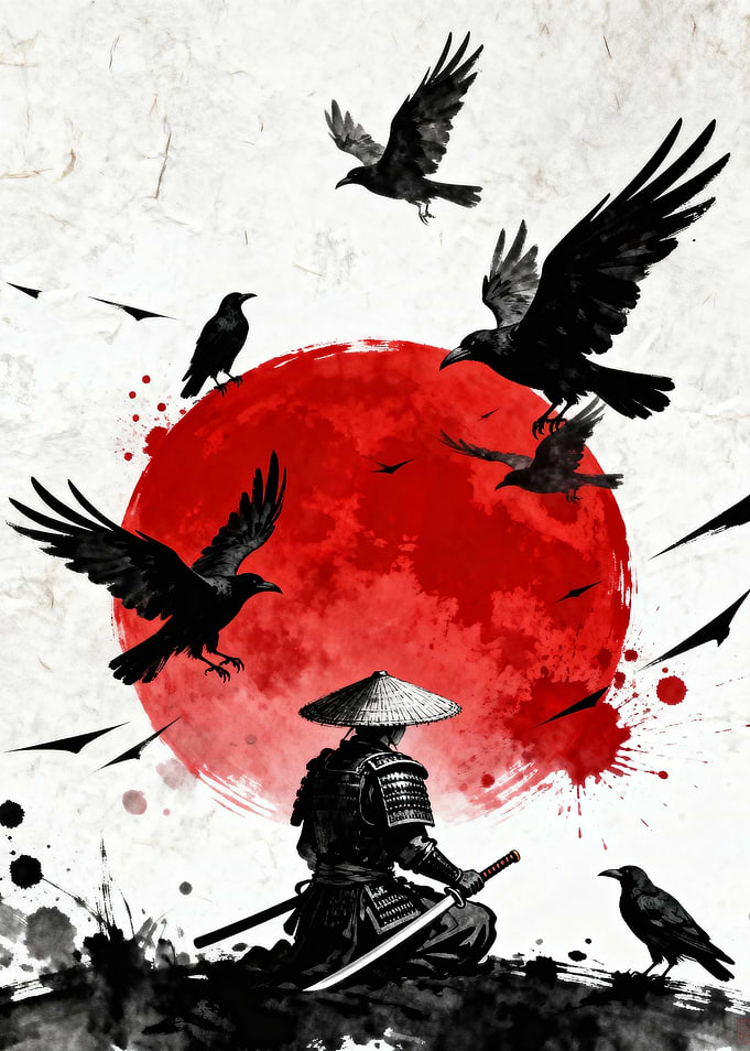 Samurai with Crows and Red Sun