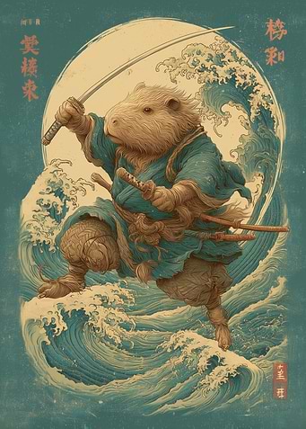 Capybara Samurai on Kanagawa Waves