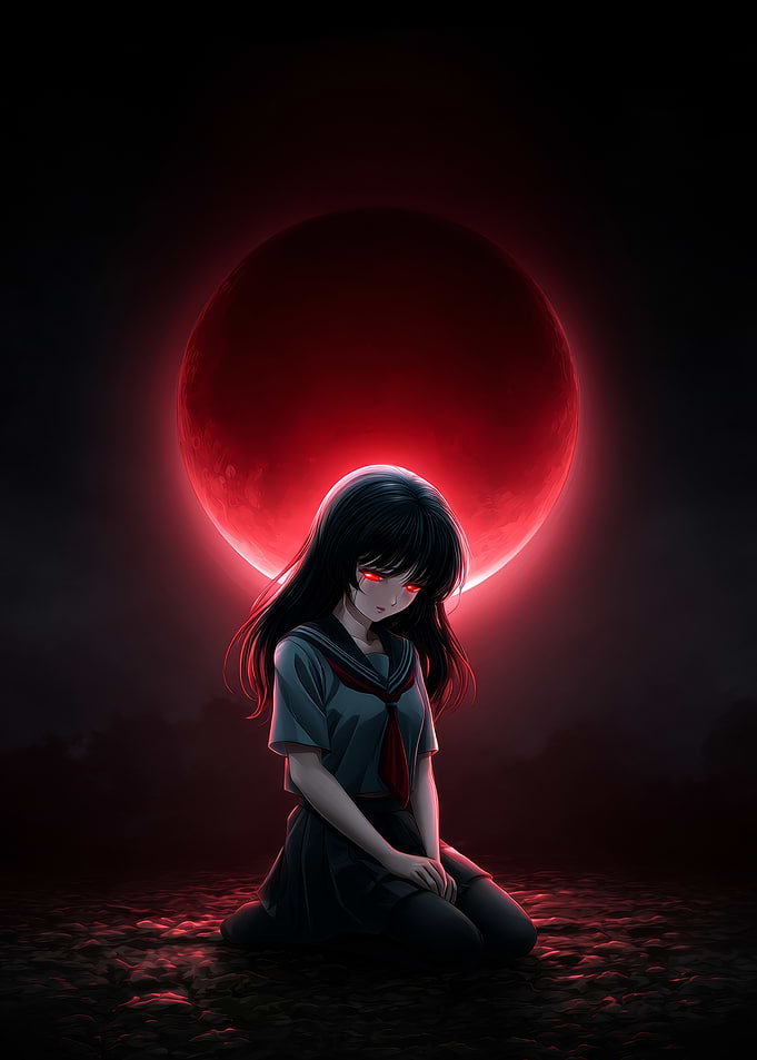 Anime Girl Under Red Moon