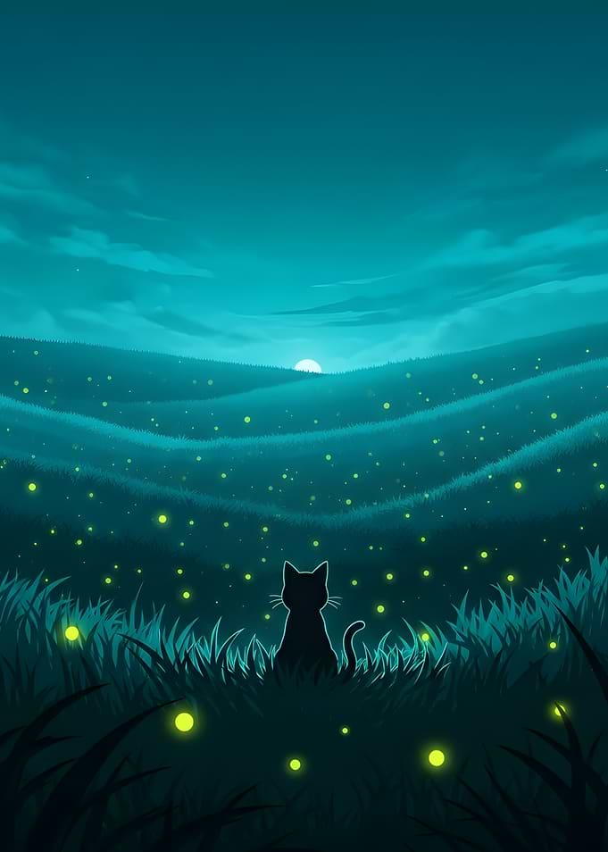 Cat Silhouette Fireflies Night Pixel calm artwork