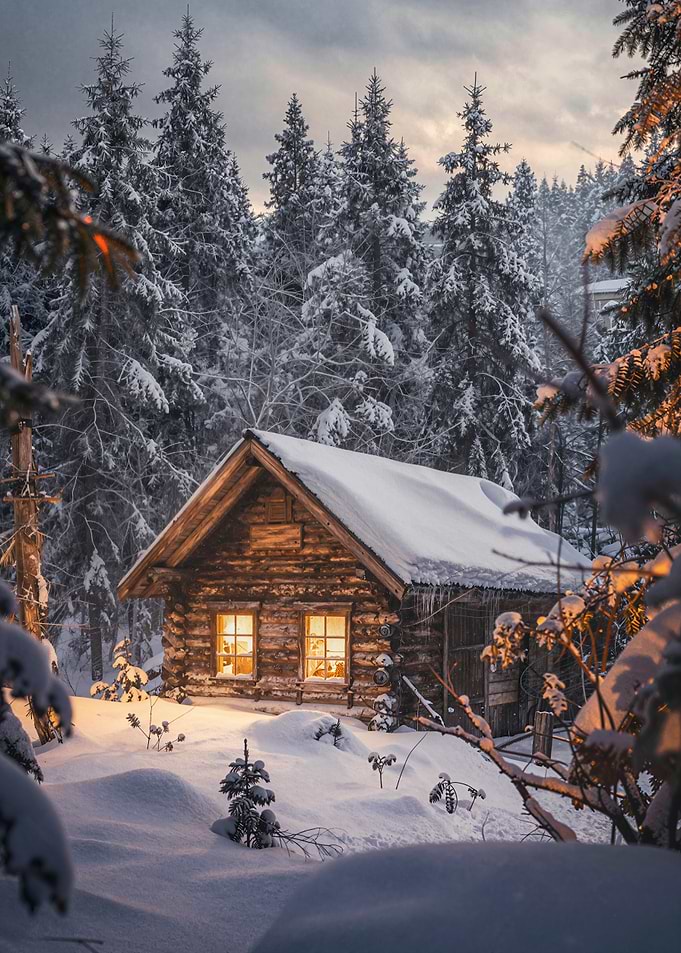 Winter Cabin in Snowy Forest