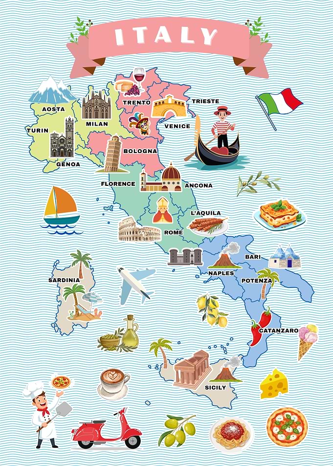 Italy Map with Landmarks and Food