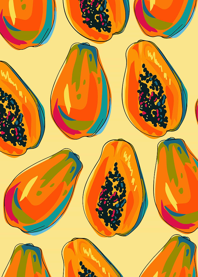 Papaya Fruit Pattern Poster, Tropical Kitchen Wall Art, Colorful Fruit Illustration Print