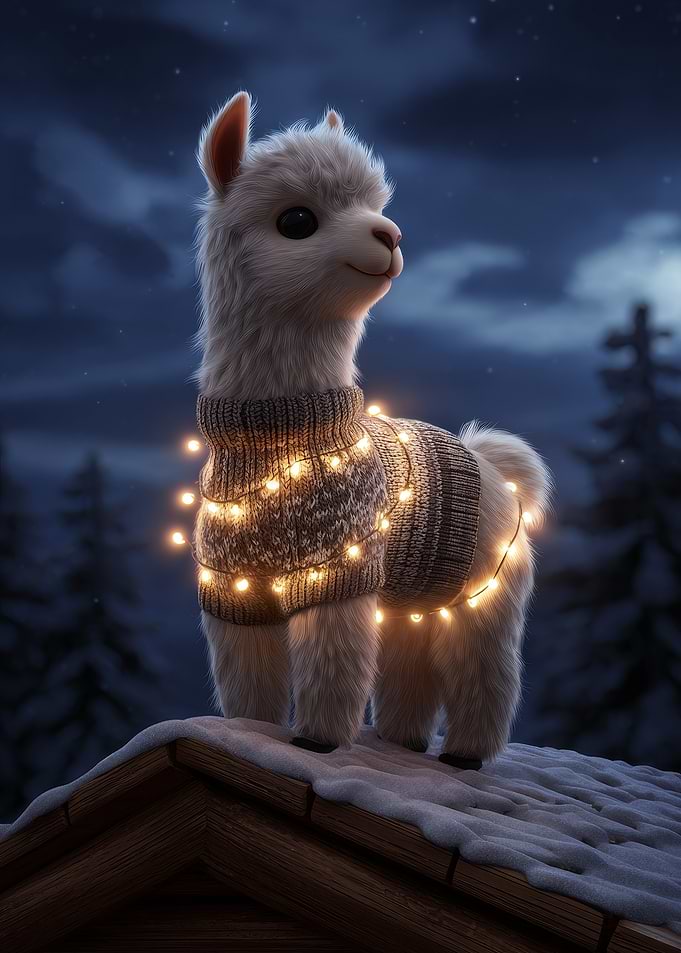 Festive Alpaca in Winter Night
