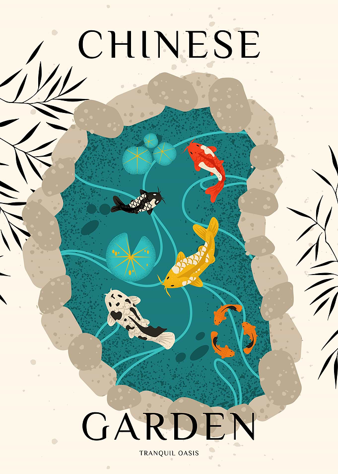 Chinese Garden Koi Pond Illustration