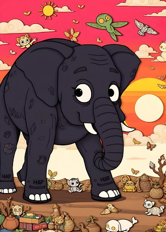 Cartoon Elephant with Animal Companions