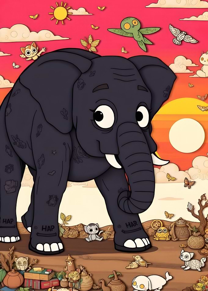 Cartoon Elephant with Animal Companions