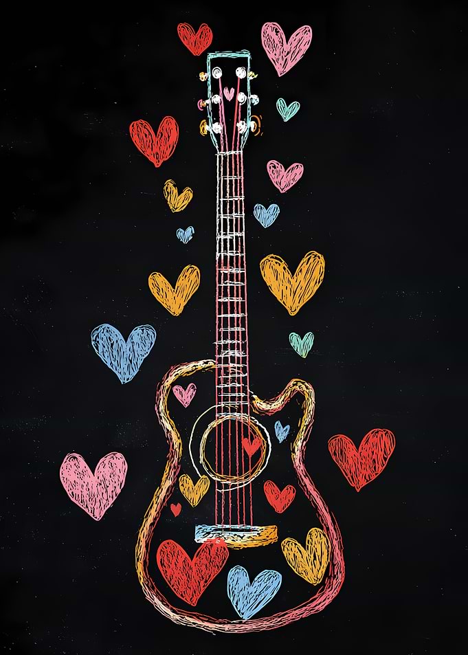 Guitar with Hearts on Black Background