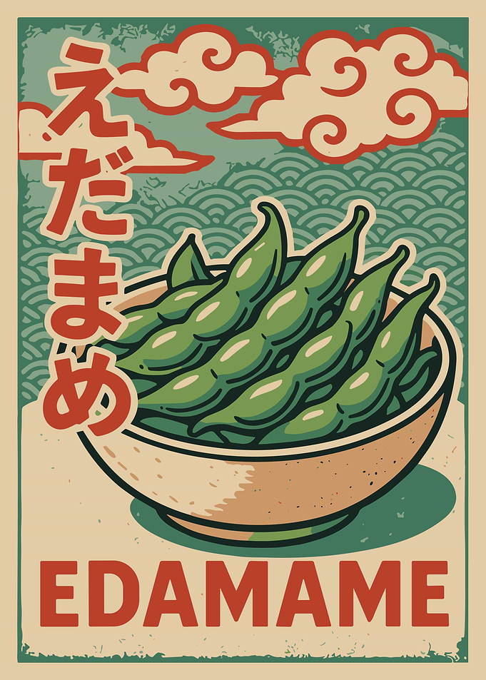 Edamame Japanese Food Poster, Retro Asian Kitchen Wall Art, Vintage Japan Illustration Print