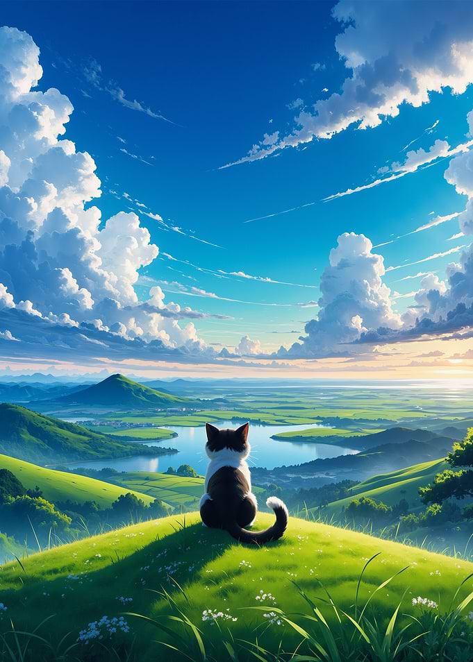 Cat on Hill Overlooking Landscape