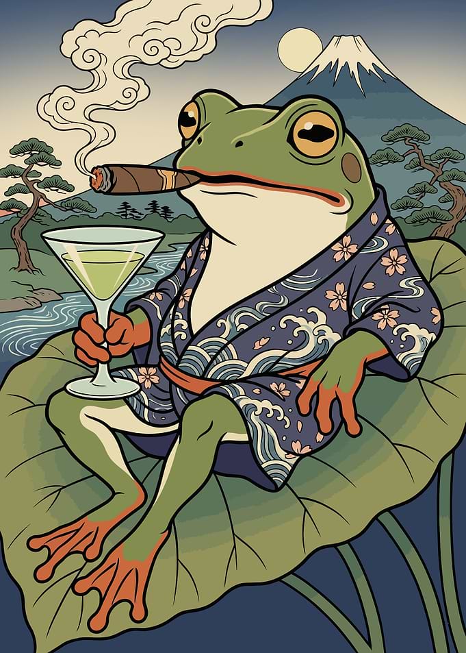 Frog in Kimono with Martini and Cigar