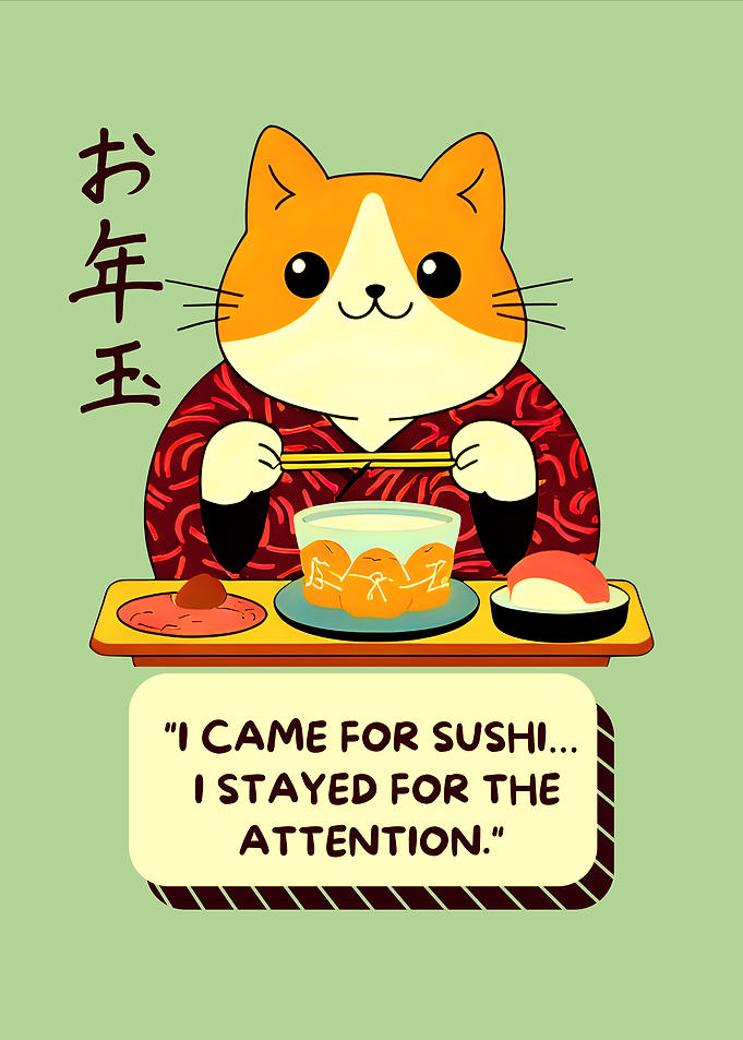 Japanese Cat in Kimono with Sushi
