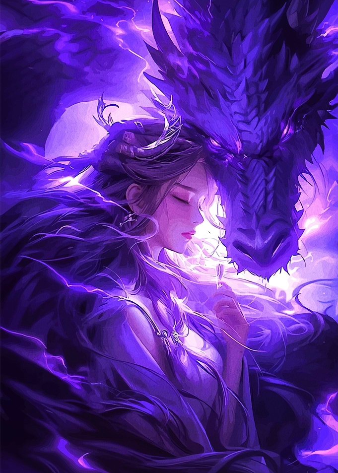 Dragon and Woman in Purple Hues
