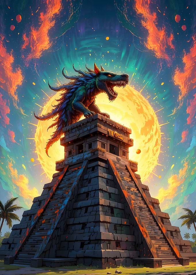 Quetzalcoatl atop Mayan Pyramid