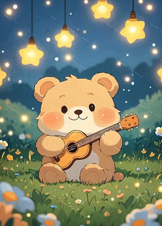 Cute Bear Playing Ukulele Under Stars