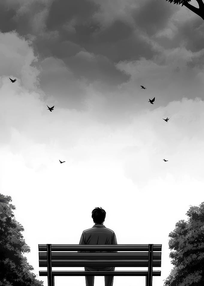 Solitude on a bench under cloudy sky