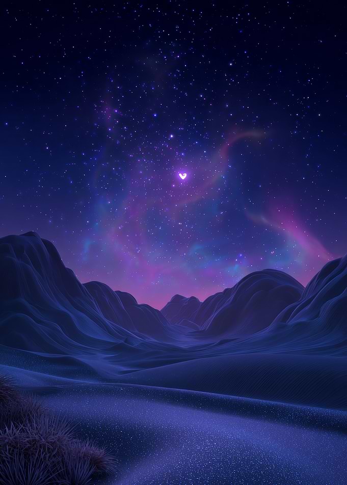 Starry Night Mountain Landscape with Heart