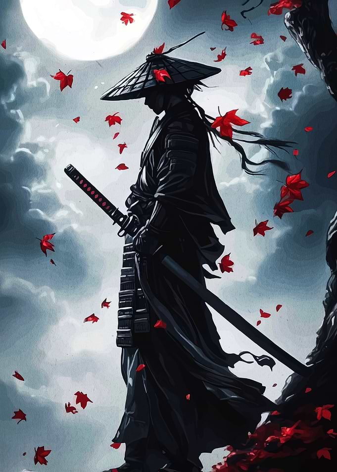 Samurai in Moonlight with Falling Leaves