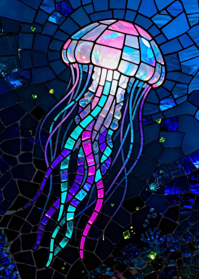 Neon Glowing Stained Glass Jellyfish Art in Dark Ocean