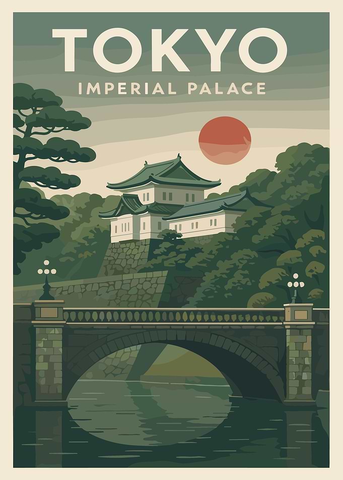 Tokyo Imperial Palace Poster, Vintage Japan Travel Art, Japanese Landmark Wall Decor Print