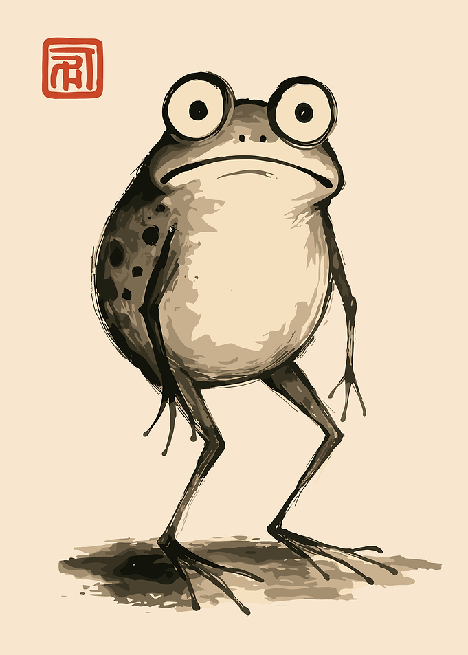 Ink Wash Frog Poster, Zen Asian Wall Art Print, Japanese Sumi Style Animal Illustration