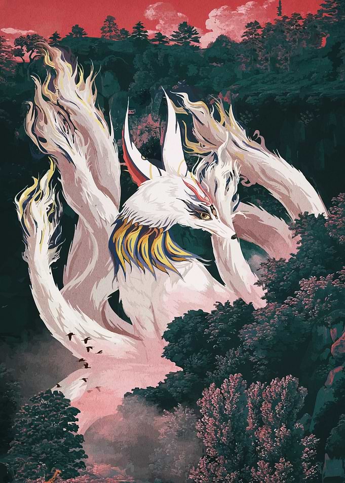 Nine-tailed Fox in Forest Landscape