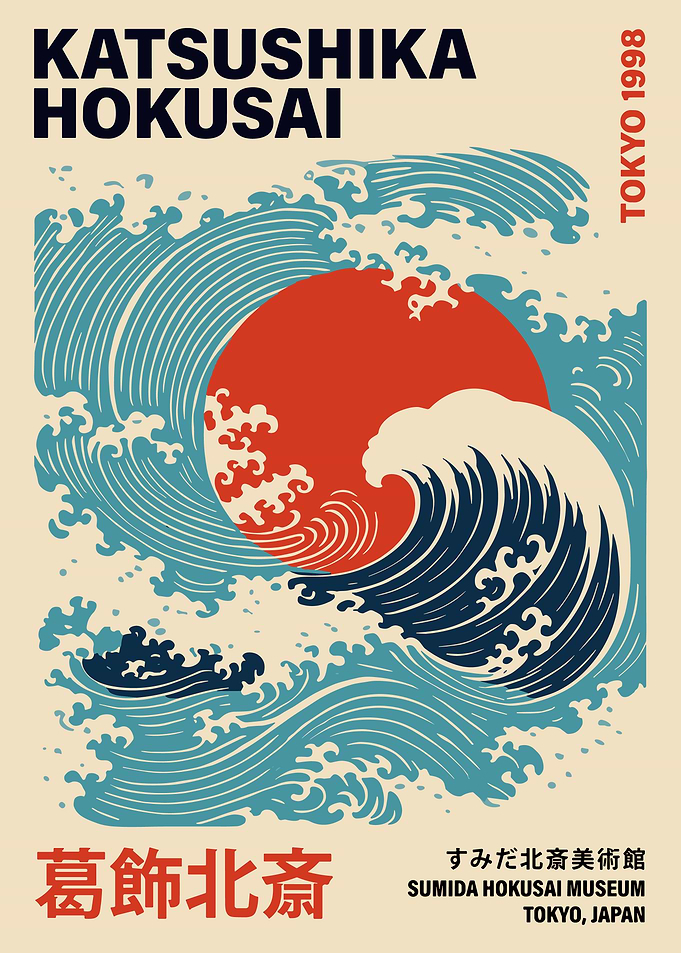 Hokusai Wave Art Print, Japanese Ocean Poster, Retro Tokyo 1998 Wall Decor Illustration