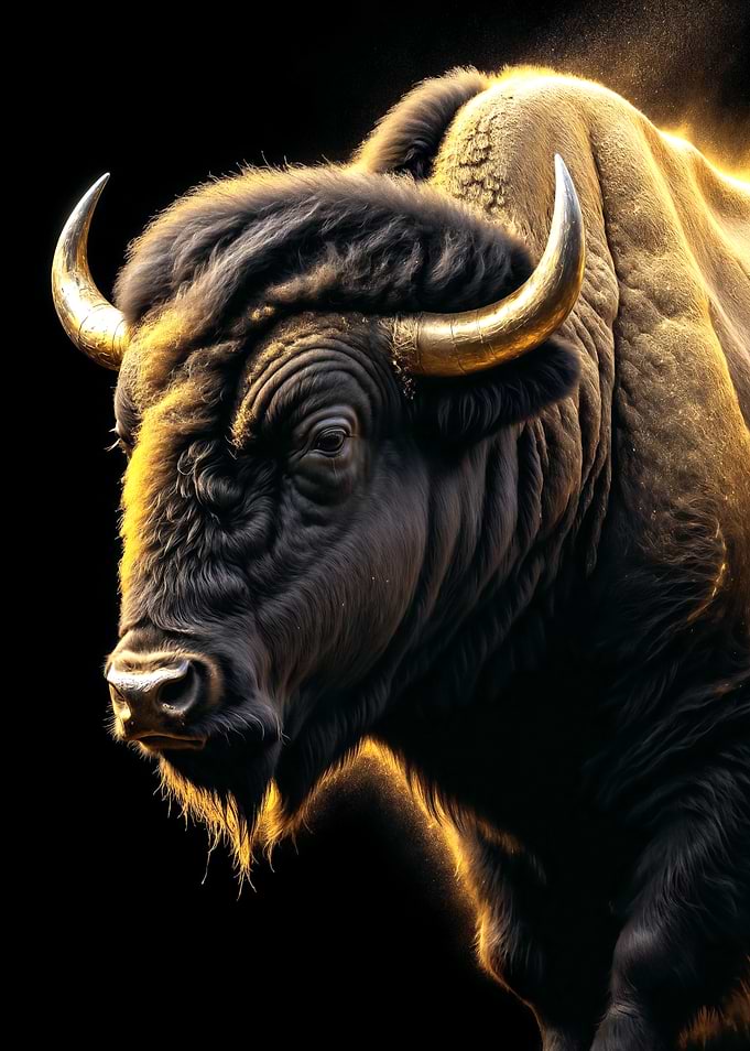 Golden Horned Bison on Black Background