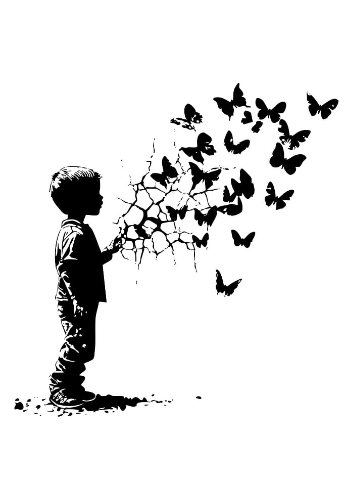 Boy with Butterflies Black and White