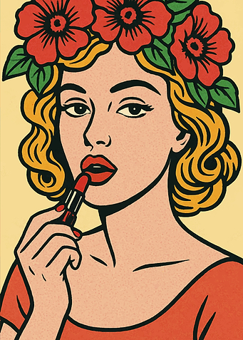 Woman Applying Lipstick with Floral Crown