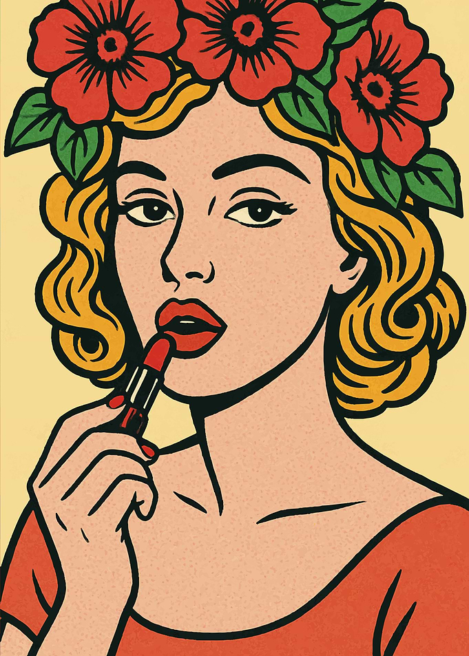 Woman Applying Lipstick with Floral Crown