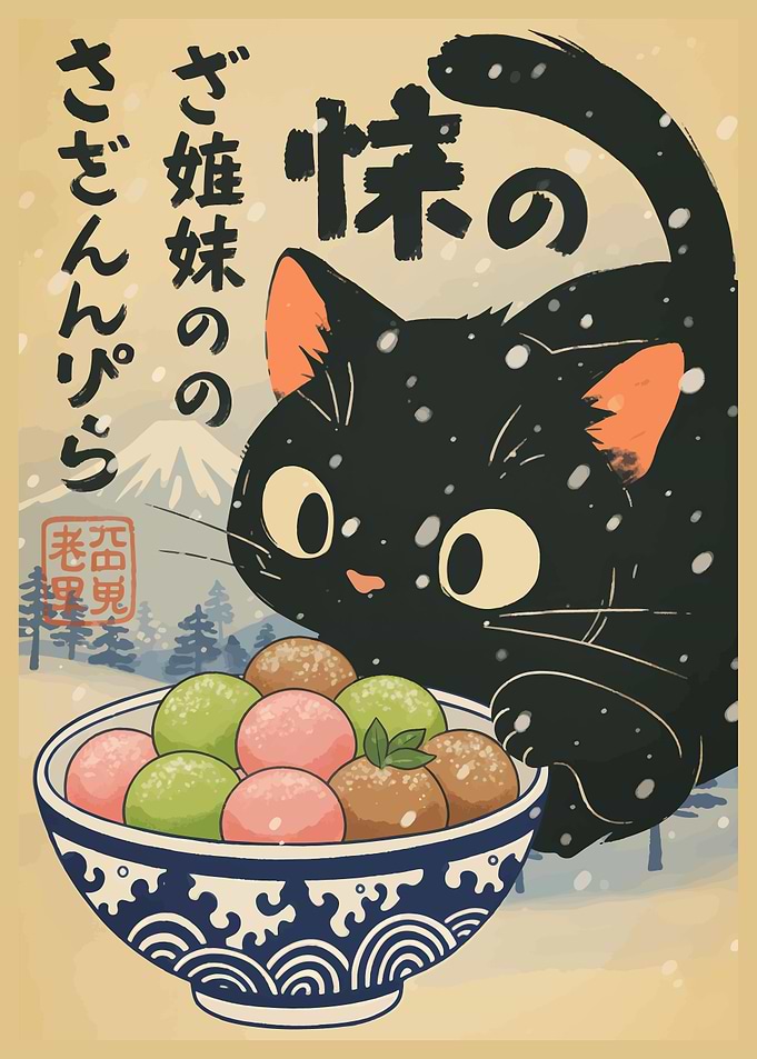 Cat with Dango in Winter Landscape