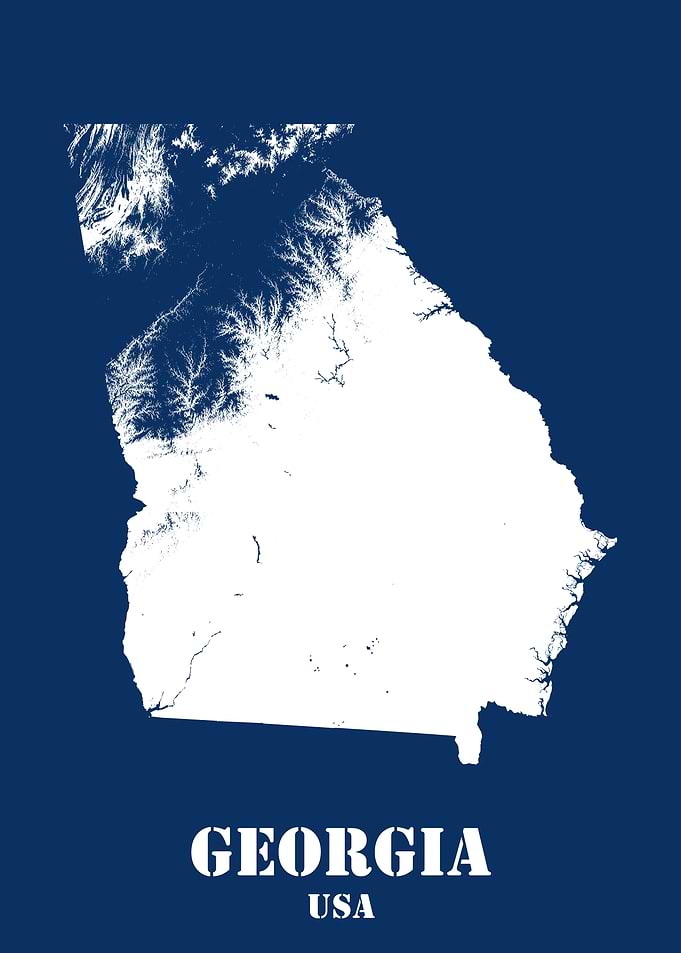 Georgia USA State Minimalist White Topographic Contour Relief Map featuring terrain on navy blue background