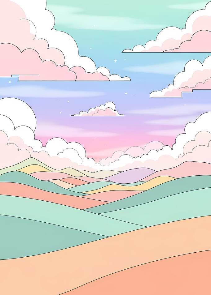 Pastel Landscape with Clouds and Hills